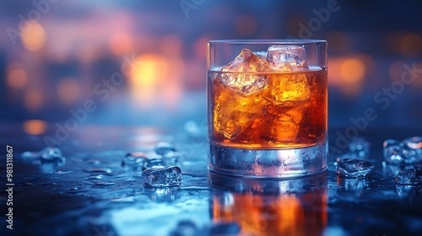 Fototapeta A glass of whiskey with ice on a table with a blurred background.