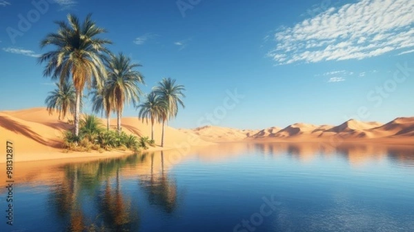 Fototapeta Palm Trees Reflecting in Still Water of a Desert Oasis