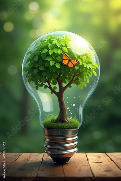 Fototapeta A lightbulb with a tree and butterfly inside, symbolizing nature, sustainability, and eco-friendly concepts. Set on a wooden surface with a blurred green background.