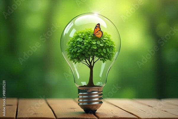 Fototapeta A lightbulb with a tree and butterfly inside, symbolizing nature, sustainability, and eco-friendly concepts. Set on a wooden surface with a blurred green background.