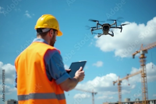 Fototapeta construction worker man standing with drone and factory in background, generative AI