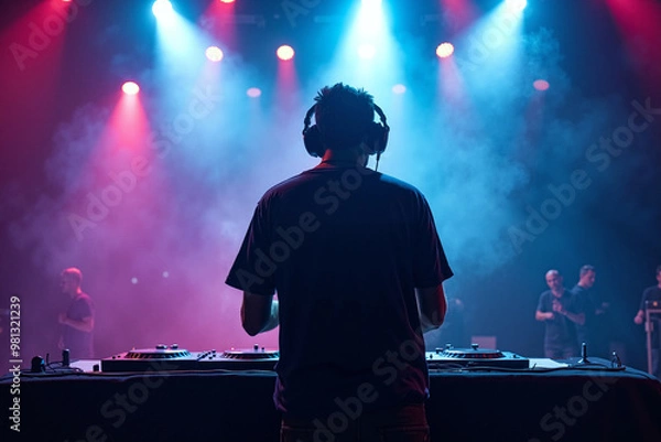 Fototapeta D.J. man standing in concert hall with smoke and colorful light enjoy music festival , generative AI