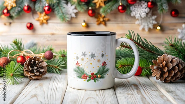Fototapeta A festive white ceramic coffee cup with black handle sits among holiday decorations, including pine branches, pine cones, and ornaments, creating warm, cheerful atmosphere