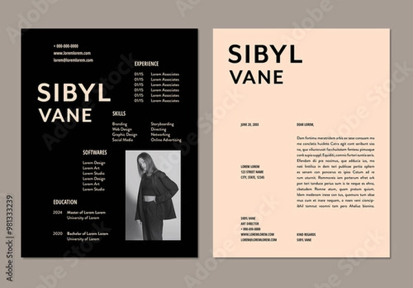 Obraz Minimalist Pink and Black Resume Layout with Cover Letter 