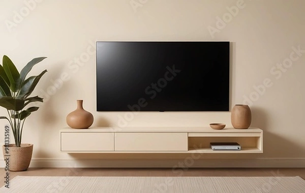 Fototapeta A warm cream background with a floating TV stand placed on the bottom right.