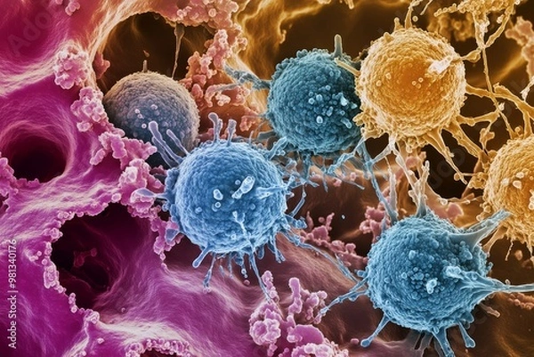 Fototapeta The Battle Within: Emotive Interaction of Immune Cells and Cancer Cells Under Immunotherapy