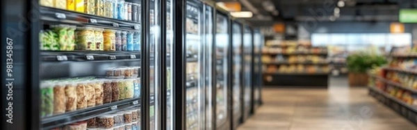Fototapeta Freezer cases stocked with assorted frozen meals and snacks in a supermarket aisle