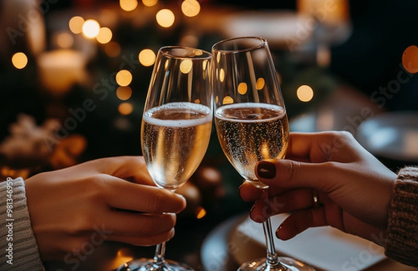 Obraz Two people toasting with champagne glasses at a festive dinner table
