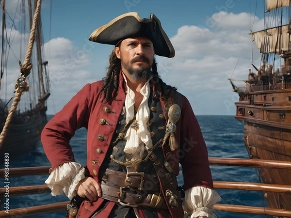 Fototapeta A vector of a pirate captain with a feathered hat, holding a sword, standing on a ship deck