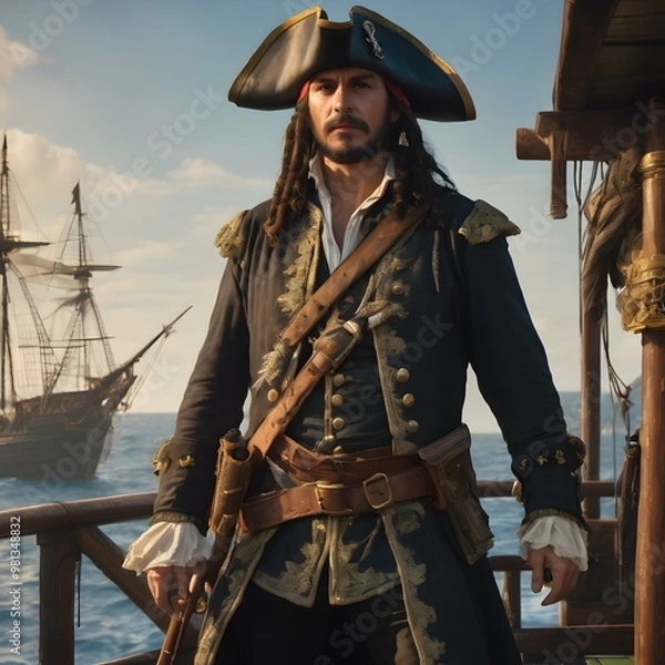 Fototapeta A vector of a pirate captain with a feathered hat, holding a sword, standing on a ship deck