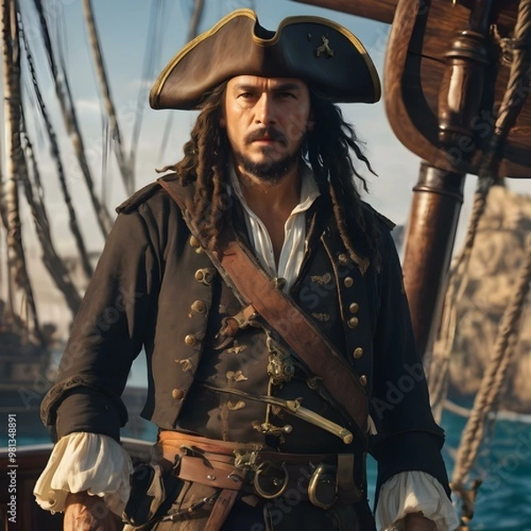 Fototapeta A vector of a pirate captain with a feathered hat, holding a sword, standing on a ship deck