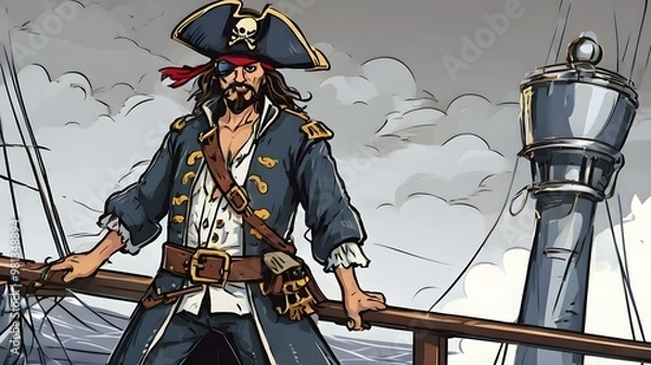 Fototapeta A vector of a pirate captain with a feathered hat, holding a sword, standing on a ship deck