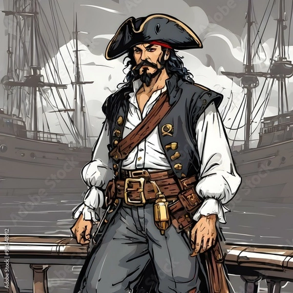 Fototapeta A vector of a pirate captain with a feathered hat, holding a sword, standing on a ship deck