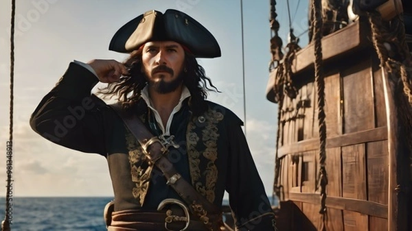 Fototapeta A vector of a pirate captain with a feathered hat, holding a sword, standing on a ship deck