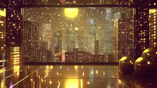 Fototapeta Cityscape Night View with Golden Spheres and a Full Moon