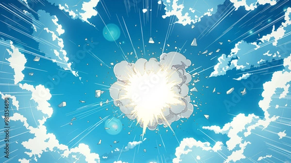 Obraz A blue sky background with white clouds, a huge explosion in the center filled with an anime-style cartoon cloud. The comic book style features a simple and colorful drawing style
