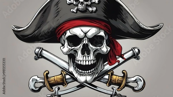Fototapeta A detailed vector illustration of a pirate skull wearing a tricorn hat with crossed swords behind it
