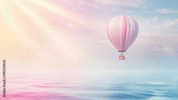 Fototapeta A serene scene featuring a pastel-colored hot air balloon floating above calm waters under a bright sky.