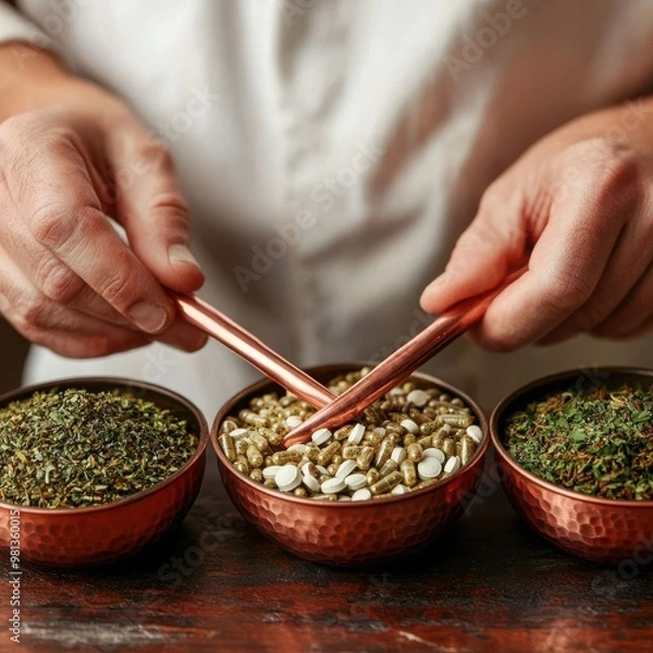 Fototapeta Closeup of herbalist using copper tools to create supplements, alternative medicine, artisan craftsmanship in alternative healing