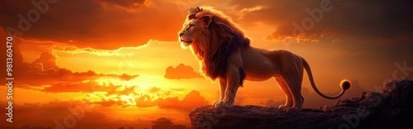 Fototapeta The lion king gazes over his expansive realm with the wind sweeping through his mane