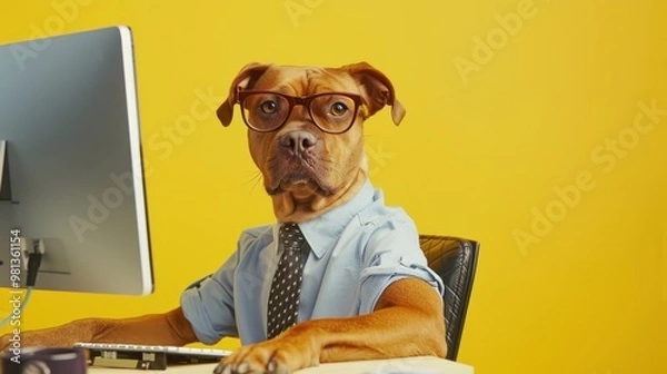 Fototapeta Cool dog in a shirt and tie working at a computer on a yellow background.