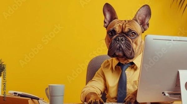 Fototapeta A French bulldog dressed in a yellow shirt and tie sits at a desk with a computer, coffee mug, and office supplies.