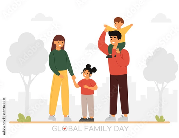 Fototapeta Portrait of happy family with two children walking at the park. Parents and kids having a good time