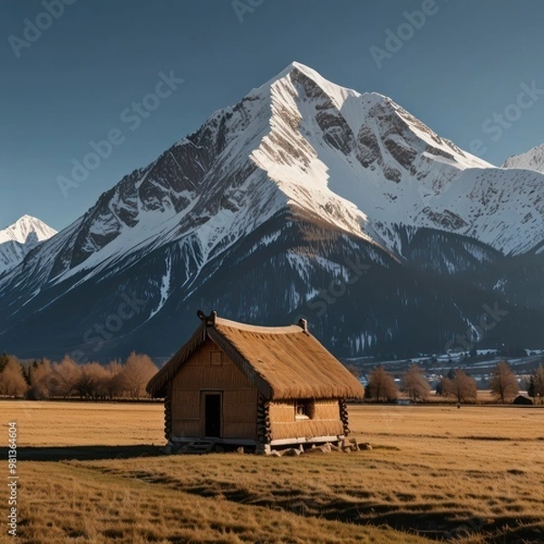Fototapeta A small, quaint cabin with a thatched roof, set against a backdrop of towering, snow-capped mountains.