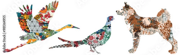 Fototapeta Silhouette of Akita Inu, crane, pheasant with miniatures and ornaments symbolizing Japan. Three isolated animals on a white background.