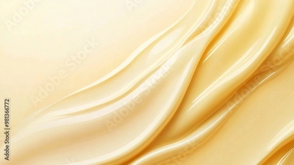 Fototapeta Closeup of yellow cream moisturizer smear on a beige background Wavy texture with copy space presented as a horizontal banner for skincare beauty product designs