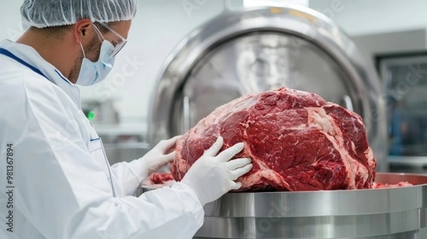 Fototapeta A large beef carcass being processed in a clean, modern slaughterhouse facility, beef butchering, meat industry