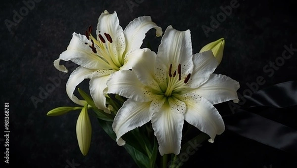 Fototapeta Elegant white lilies with a black ribbon on a dark background.