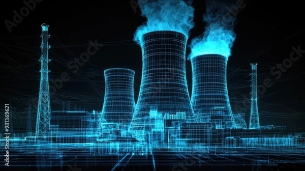Obraz 5w A digital art rendering of the nuclear power plant with blue glowing accents, showcasing energy production and technology elements in a wireframe