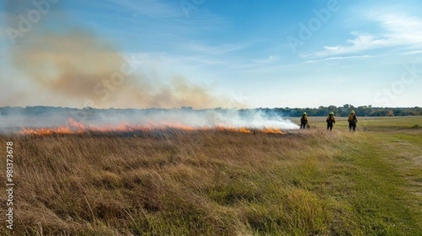 Fototapeta A controlled fire spreads across a grassy field as firefighters stand nearby, managing the blaze under a clear blue sky. Smoke billows above the landscape