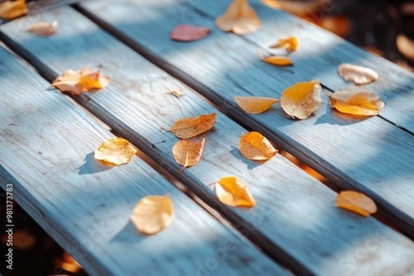 Fototapeta Sunlit Autumn Leaves on Wooden Surface Close-Up