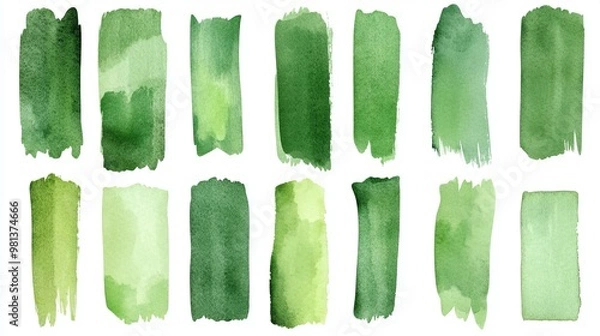 Fototapeta Green watercolor stripes A collection of handdrawn watercolor strokes and rectangle shapes with an artistic uneven texture Suitable for artistic border templates and design projects