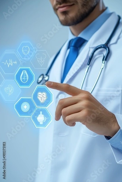 Fototapeta Doctor interacting with medical symbols in a modern setting
