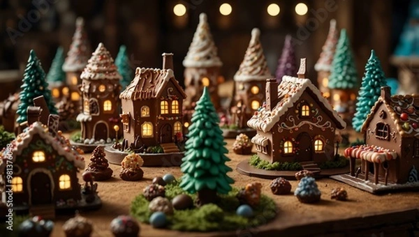 Fototapeta Fantasy land with dessert houses and chocolate trees.