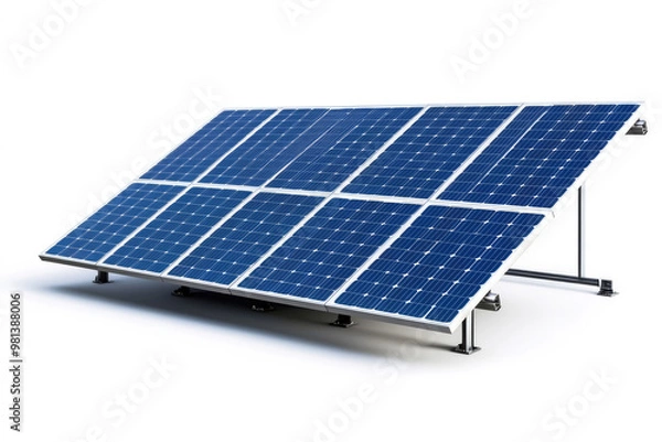 Fototapeta Solar panel array generating renewable energy on white background