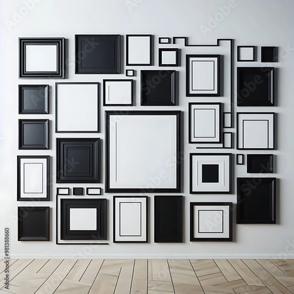 Fototapeta Assorted empty picture frames on white wall
