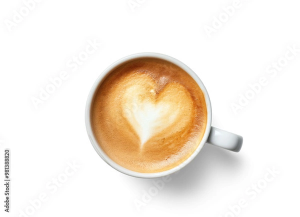 Fototapeta Cup of coffee with heart shaped latte art on top, view from above, isolated on transparent background. Generative AI