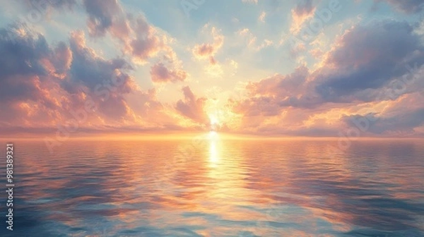 Fototapeta A Scenic Sunset over a Calm Ocean with Cloudy Skies