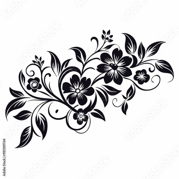 Fototapeta a black and white silhouette of a bunch of flowers. The flowers are daisies with five petals each and a yellow center. The stems and leaves are long and thin, with a few small buds