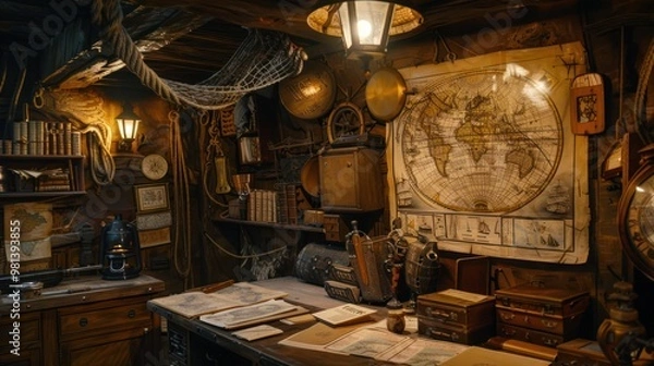 Obraz Nautical Cabin Interior with World Map