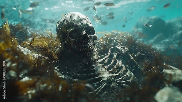 Fototapeta skeleton submerged in deep ocean