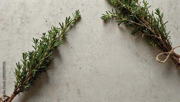 Fototapeta Fresh thyme sprigs on a rustic white background.