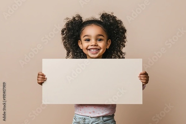 Fototapeta A happy child holding a blank sign, smiling brightly, with space on the sign for custom text. Perfect for kid-themed messages or announcements