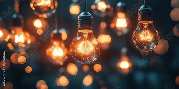 Fototapeta Illuminated Vintage Light Bulbs Against a Blurred Background of Glowing Lights