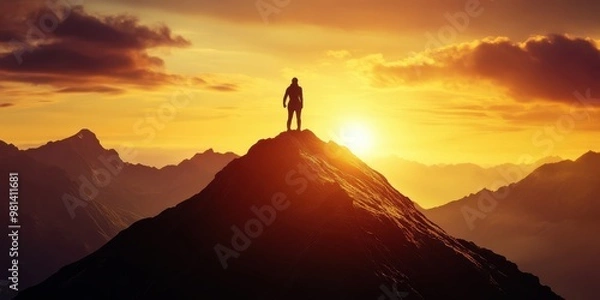 Fototapeta Silhouette of a Lone Adventurer at Sunrise on Mountain Peak