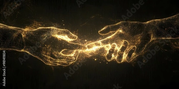 Fototapeta Golden Hands Reaching Out - Digital Art of Connection